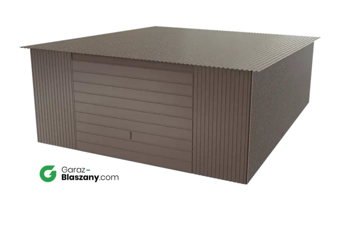 Garaż blaszany 5x6 brązowy BŁYSK dach jednospadowy brama uchylna