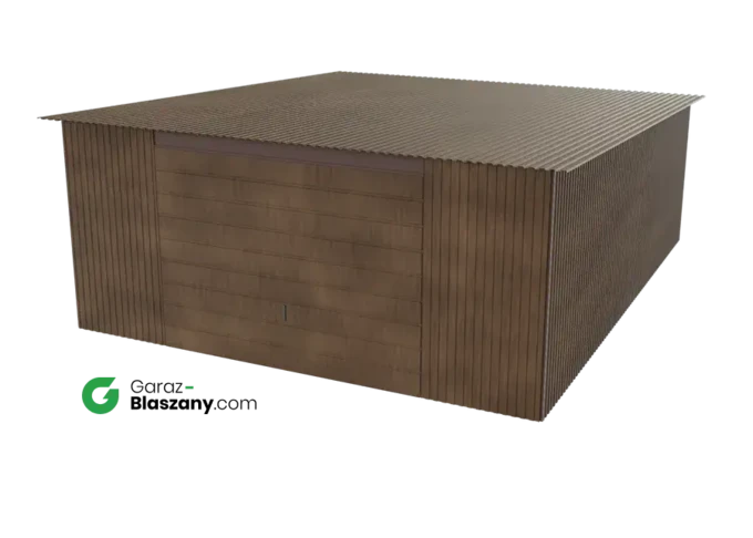 Garaż blaszany 5x6 drewnopodobny Orzech dach jednospadowy brama uchylna