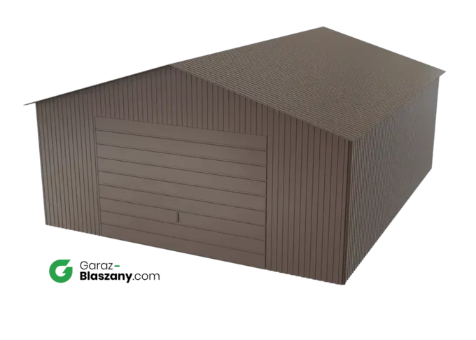 Garaż blaszany 5x6 brązowy BŁYSK dach dwuspadowy brama uchylna