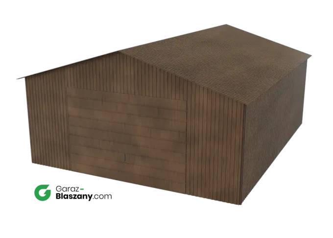 Garaż blaszany 5x6 drewnopodobny Orzech dach dwuspadowy brama uchylna