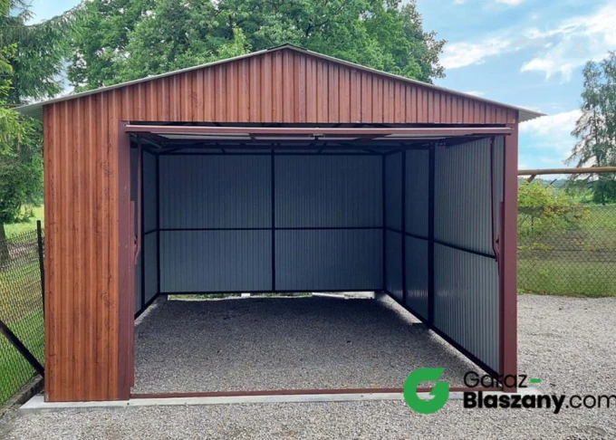Garaż blaszany 3,5x5 Orzech, dach dwuspadowy, brama uchylna