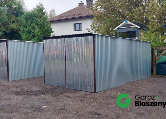 Garaż blaszany 3x5 ocynk, dach jednospadowy, brama dwuskrzydłowa
