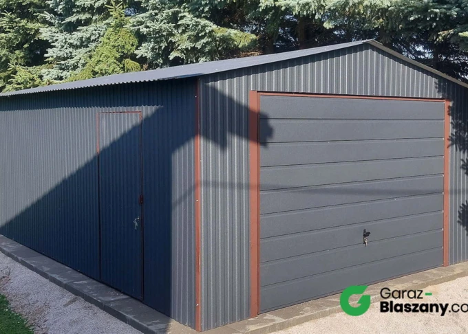 Garaż blaszany 4x6 Grafit, dach dwuspadowy, brama uchylna, drzwi