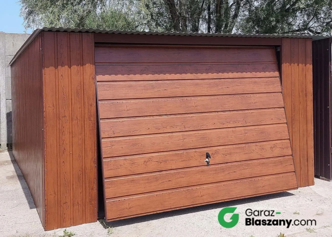 Garaż blaszany 4x6 Orzech, dach jednospadowy, brama uchylna