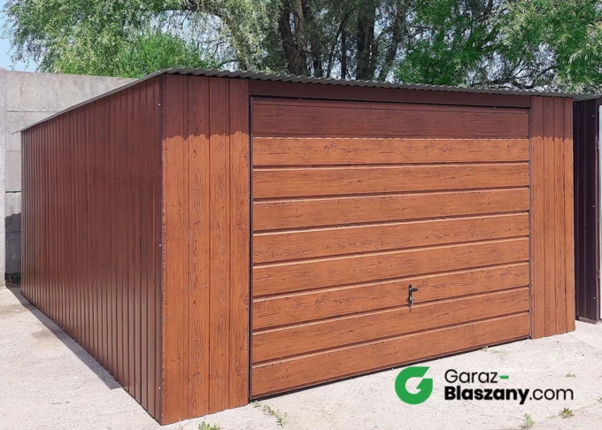 Garaż blaszany 4x6 Orzech, dach jednospadowy, brama uchylna