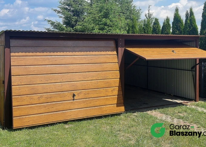 Garaż blaszany 6x5 Złoty Dąb, dach jednospadowy, brama uchylna, drzwi