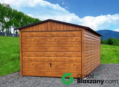 Garaż blaszany drewnopodobny 3x6 m, z obróbkami blacharskimi