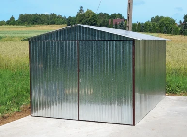 Garaż blaszany 3x5 ocynkowany, dach dwuspadowy, brama otwierana na boki