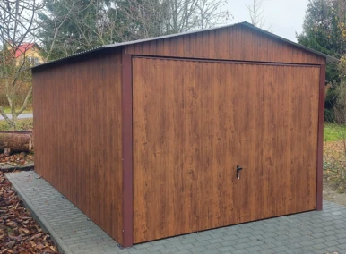 Garaż blaszany drewnopodobny 3x5, dwuspadowy, brama uchylna, kolor orzech