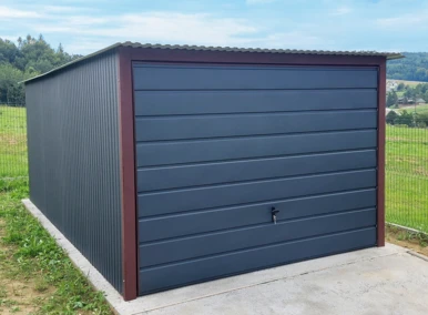 Garaż blaszany akrylowy 3x6 (grafit RAL Mat 7016), jednospadowy, brama uchylna szeroki panel