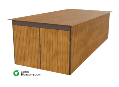 Garaż blaszany 3x7 drewnopodobny Złoty Dąb dach jednospadowy brama dwuskrzydłowa