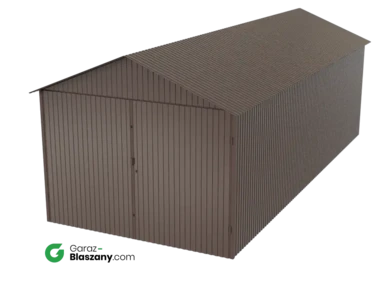 Garaż blaszany 3x7 brązowy błysk dach dwuspadowy brama dwuskrzydłowa