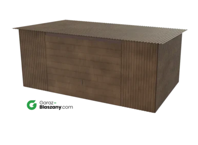Garaż blaszany 5x3 drewnopodobny Orzech dach jednospadowy brama uchylna