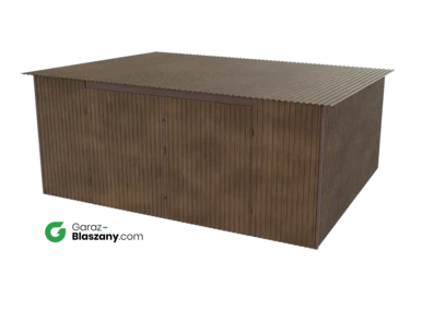 Garaż blaszany 5x4 drewnopodobny Orzech dach jednospadowy brama dwuskrzydłowa