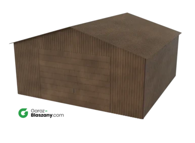 Garaż blaszany 5x5 drewnopodobny Orzech dach dwuspadowy brama uchylna