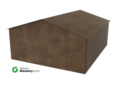 Garaż blaszany 5x6 drewnopodobny Orzech dach dwuspadowy brama uchylna