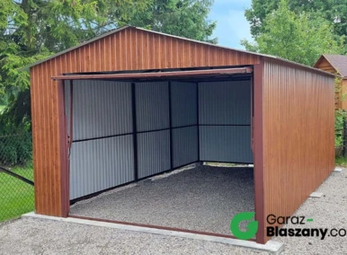 Garaż blaszany 3,5x5 Orzech, dach dwuspadowy, brama uchylna