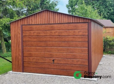 Garaż blaszany 3,5x5 Orzech, dach dwuspadowy, brama uchylna