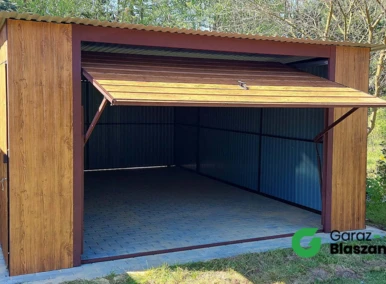 Garaż blaszany drewnopodobny Złoty Dąb 4x5 jednospadowy, brama uchylna, drzwi