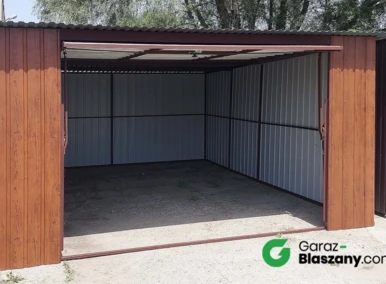Garaż blaszany 4x6 Orzech, dach jednospadowy, brama uchylna